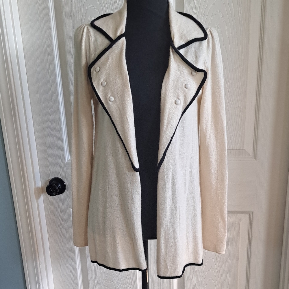 Jamison 100% Cashmere Cream Black Trim Longline Double Breasted Cardigan Sweater